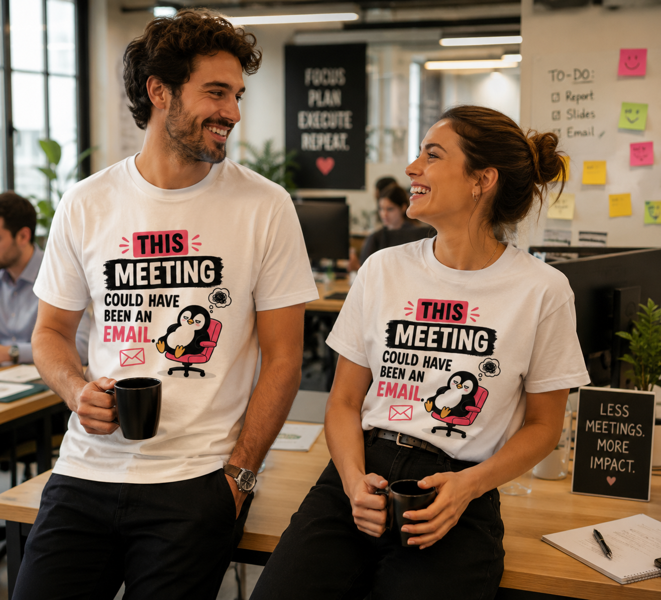 Two people wearing This Meeting Could Have Been an Email T-shirts in an office