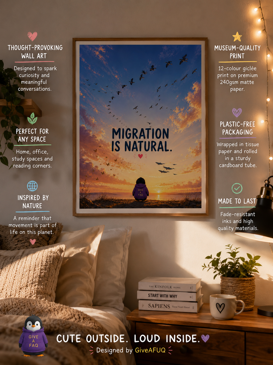Framed Migration Is Natural art print in a bedroom