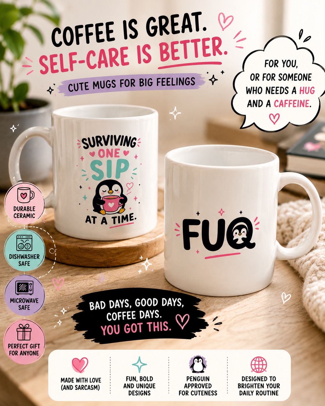 Two Give a FUQ ceramic mugs featuring the Surviving One Sip at a Time design